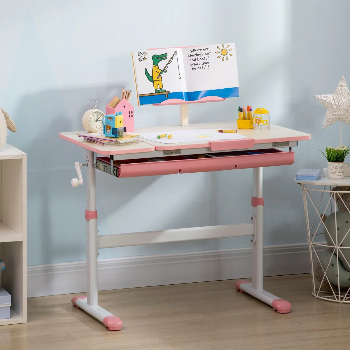 Qaba Kids Desk, Height Adjustable Children School Study Table, Student Writing Desk with Tilt Desktop, Pink