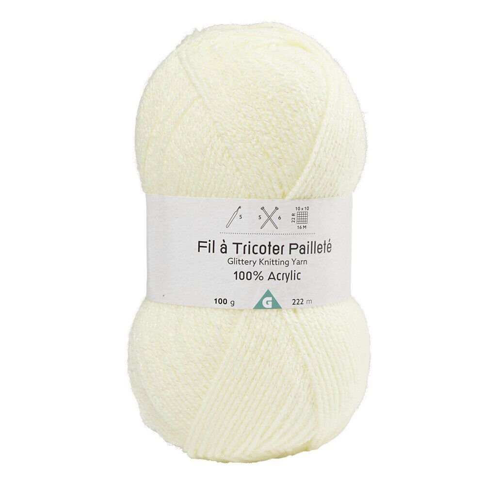 Pelote de fil à tricoter acrylique paillettes blanc écru 100Gr