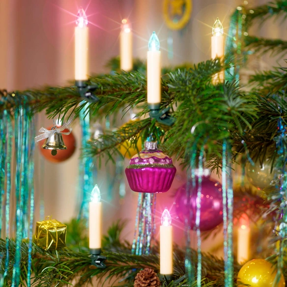 Kabellose LED Mini-Weihnachtskerzen, creme/grün, 15er