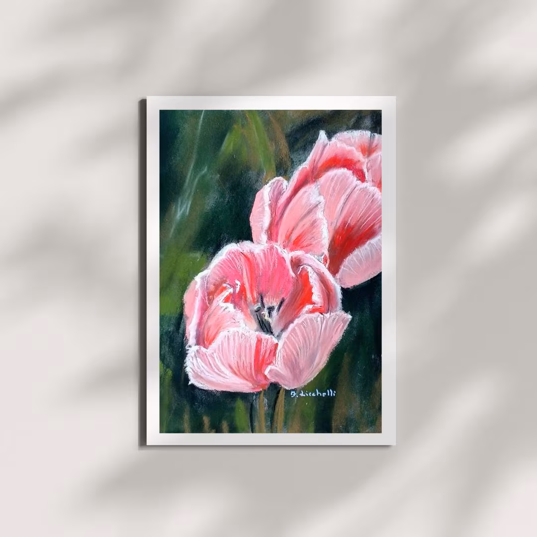 Pink Fringed Tulip Soft Pastel Painting Original Floral Wall Art Green Background
