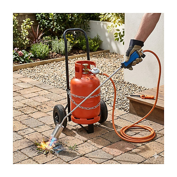 Desherbeur thermique   Tuyau gaz 5m, Détendeur propane, Allume gaz &Chariot à roues - Bruleur gaz 60mm Mauvaises Herbes KEMPER