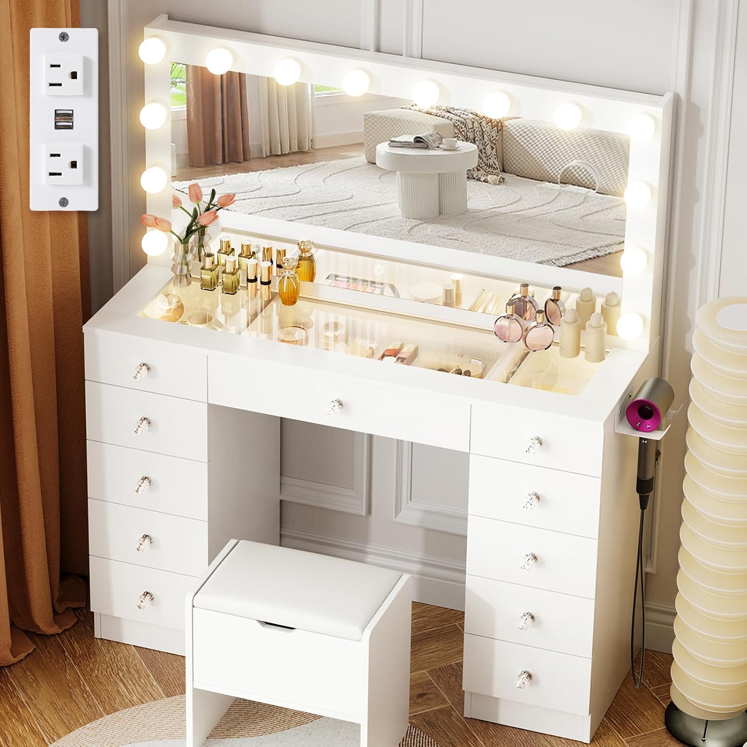 VOWNER Vanity with Lighted Mirror - Makeup Vanity Desk with Glass Top and 11 Drawers, 3 Color Lighting Modes Adjustable Brightness, 46 Vanity Table with Soft Cushioned Stool for Bedroom, White