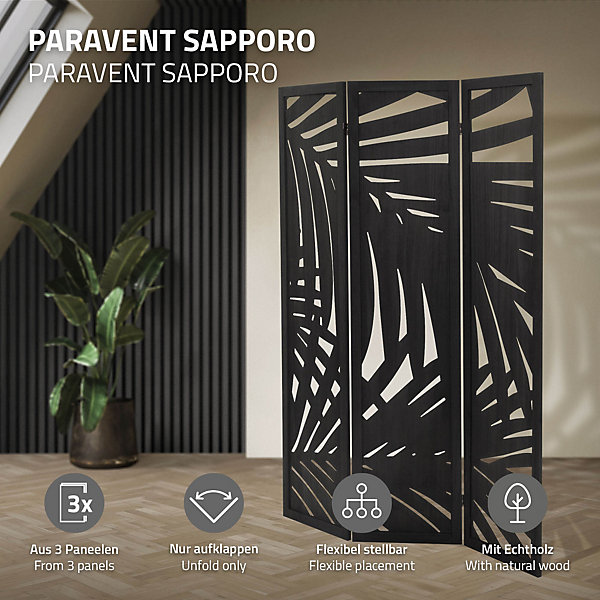 Paravent intérieur pliable ML-Design Sapporo H170 cm noir en bois 3 panneaux séparation de pièce