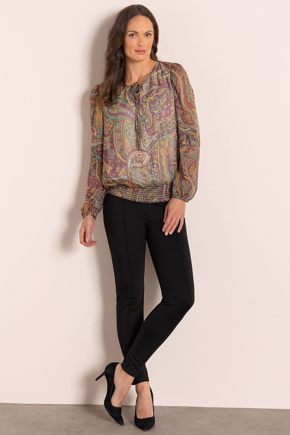 Klass. Smocked Hem Paisley Print Top