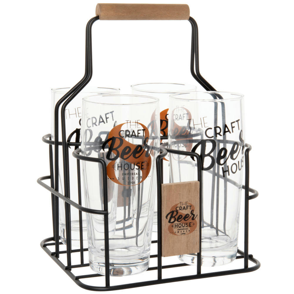 - Verres à bière avec inscriptions noires (x4) et support en métal