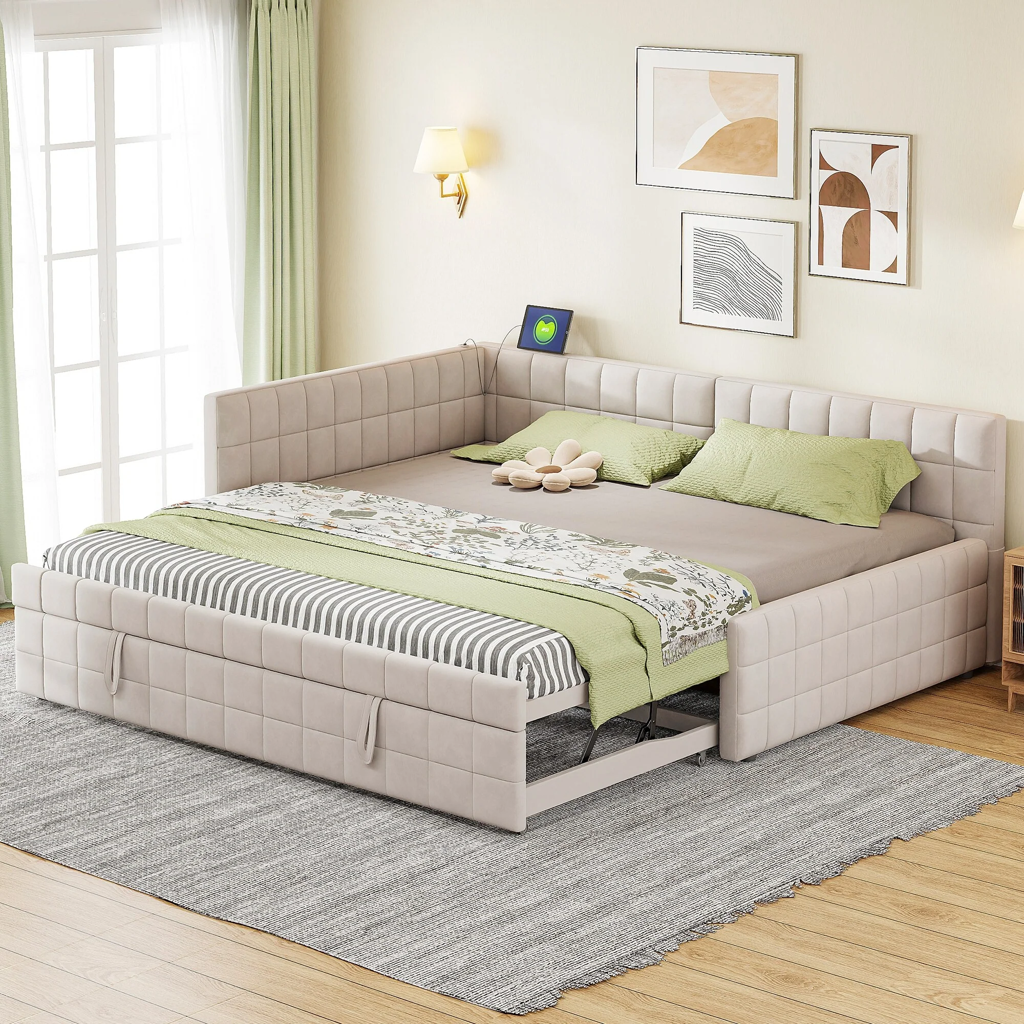 Full Size Upholstered L-Shaped Upholstered Daybed with Twin Size Pop Up Trundle and USB ports, Gray