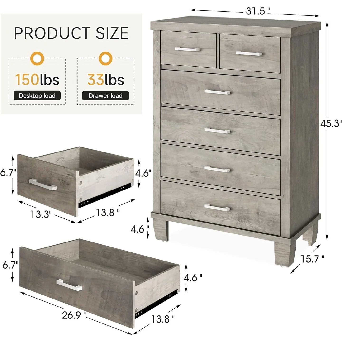 6 Drawers Dresser for Bedroom 45 Tall Grey Chests of Drawers with Storage Wooden Dresser