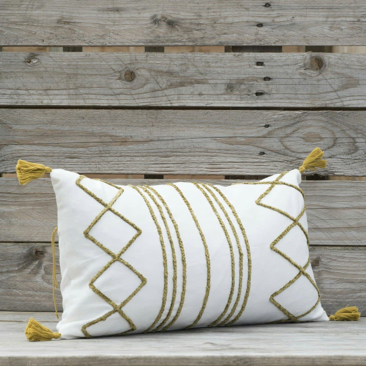 ISTANBUL - Housse de coussin coton  50x30 blanc / jaune moutarde