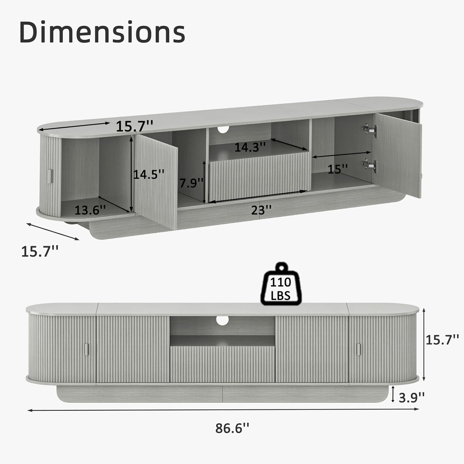 86.61'' Tambour TV Stand for 55-85 Inch, Entertainment Center with Large Storage Cabinet and Sliding Door,Curved Profile Design Media Console with Open Shelves for Living Room, Bedroom, Office, Grey