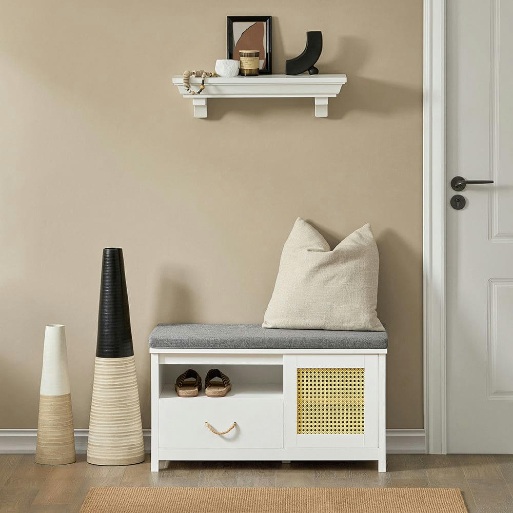 - Banc de rangement à chaussures 1 porte 1 tiroir effet bois blanc