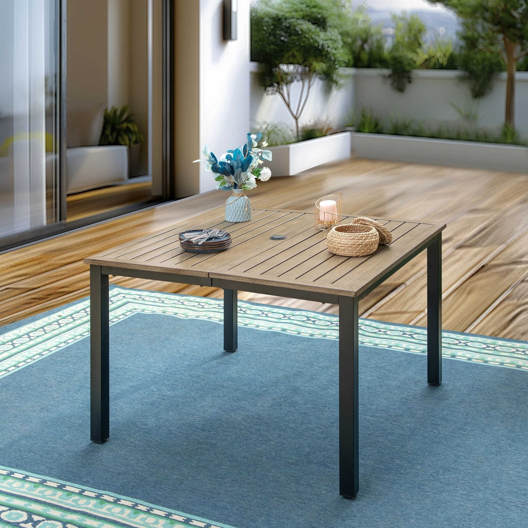 Square Metal Patio Dining Tables with Umbrella Hole, Steel Slatted, Available in 42 Brown and 37 Black