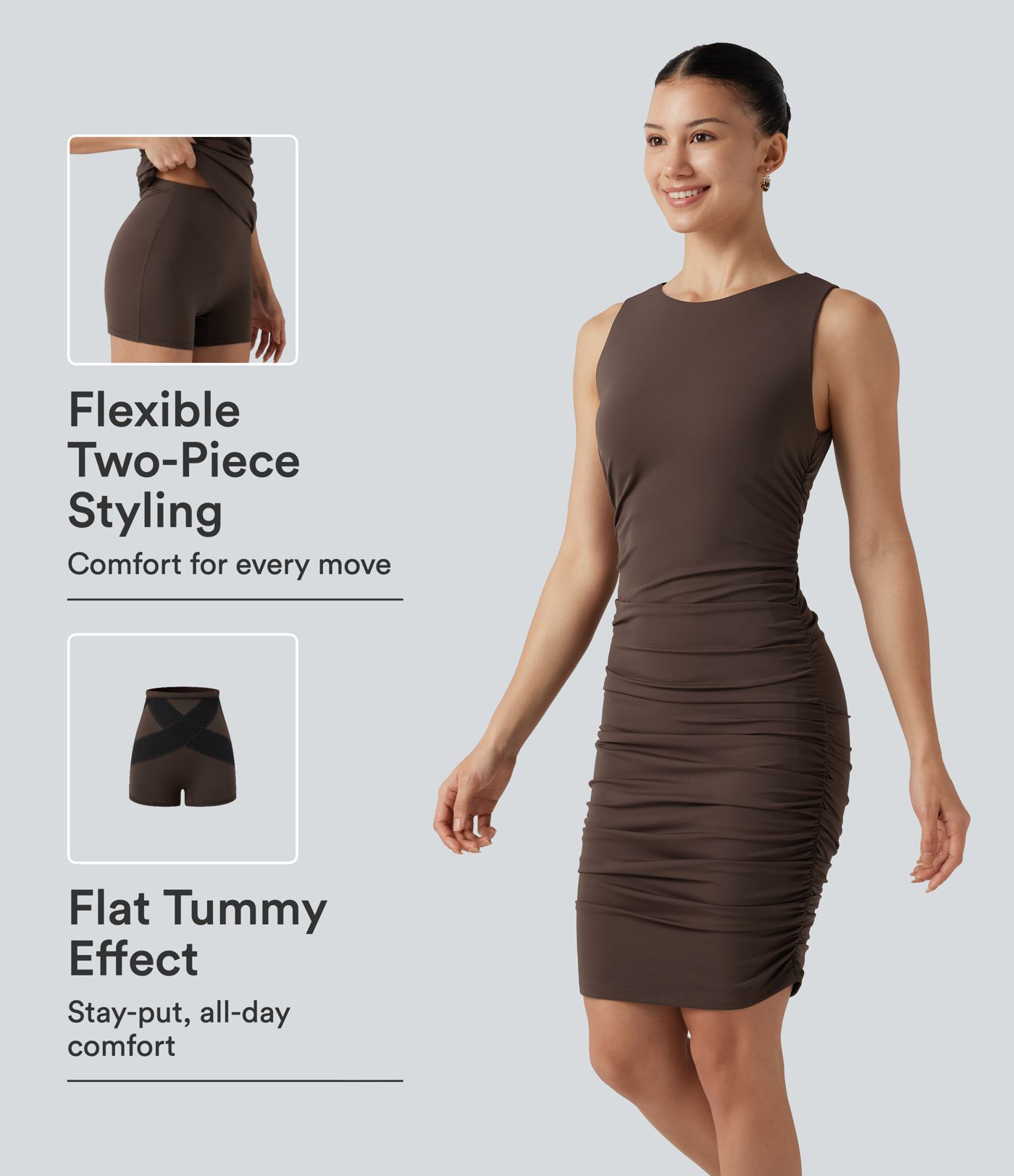 Robe moulante SoftlyZero™ Airy à col rond, sans manches, détails froncés, coussinets amovibles et short gainant amovible