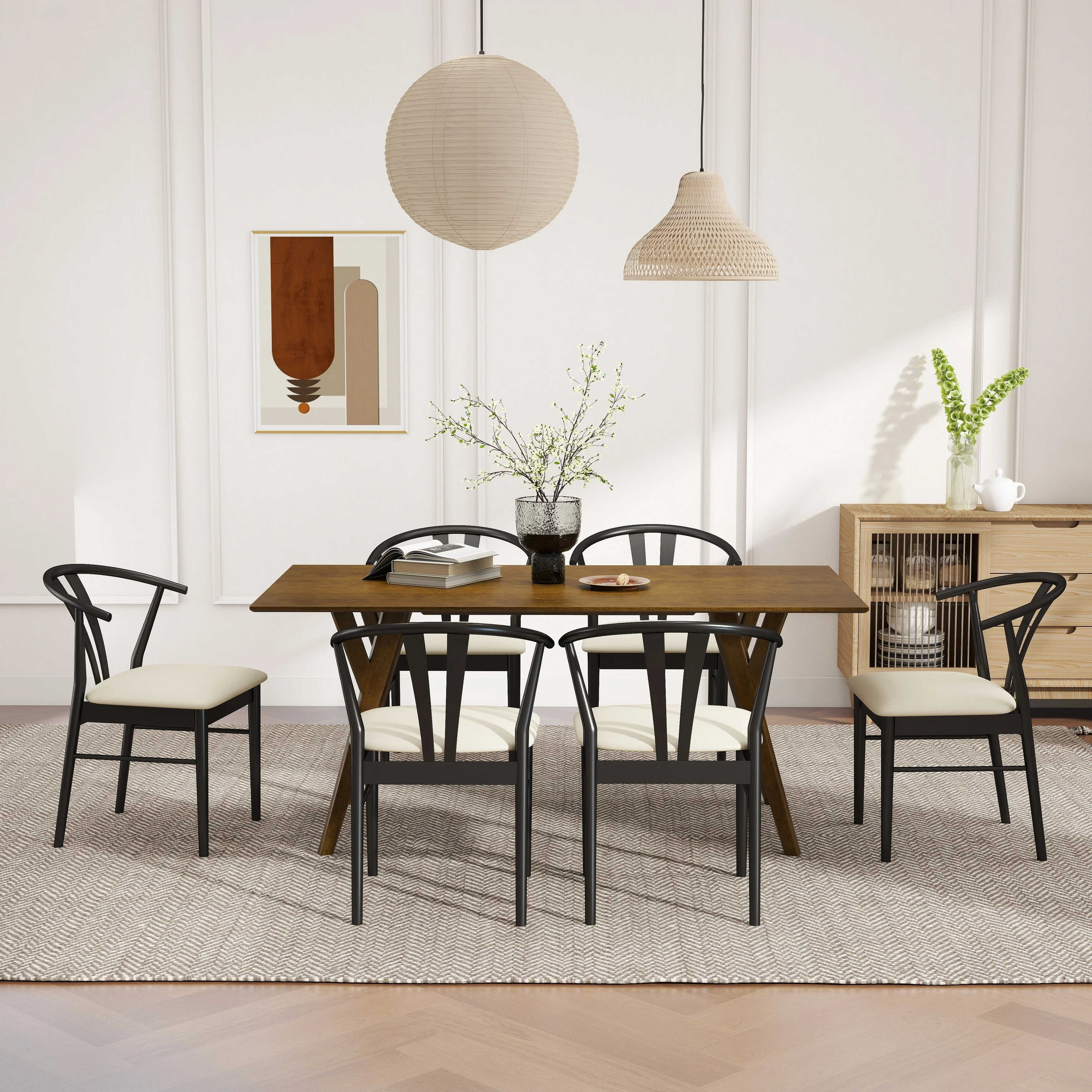 Roundhill Furniture Lavin Modern 7-Piece Dining Set, Walnut Finished Dining Table with 6 Curved Back Chairs