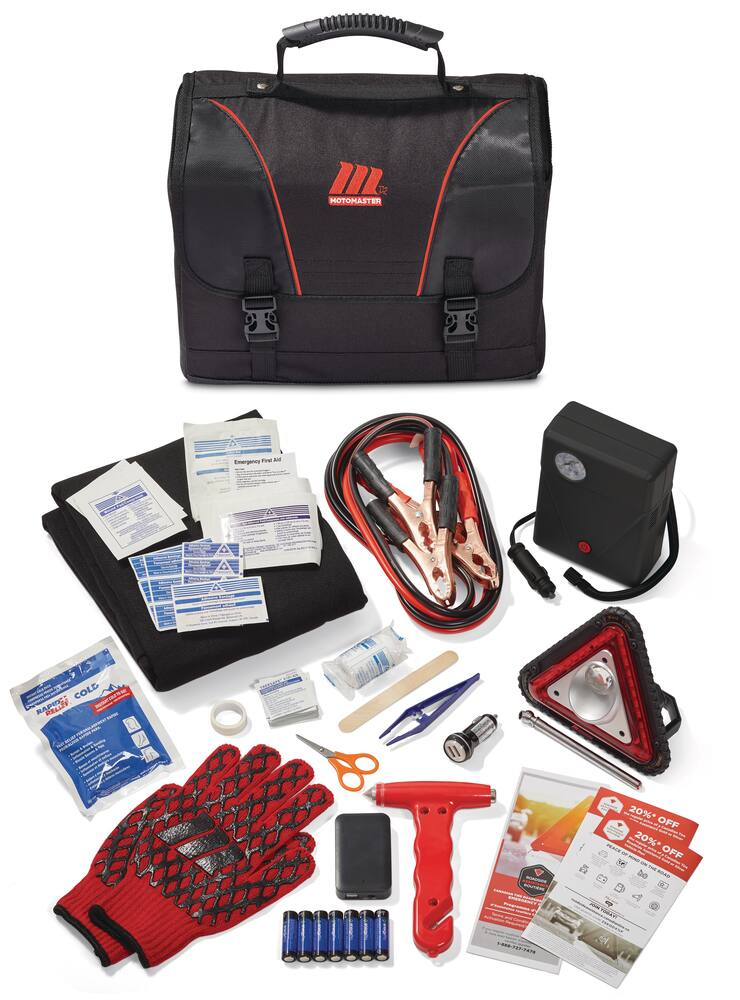 MotoMaster Executive Safety Kit with Booster Cables, Air Compressor & LED Flares