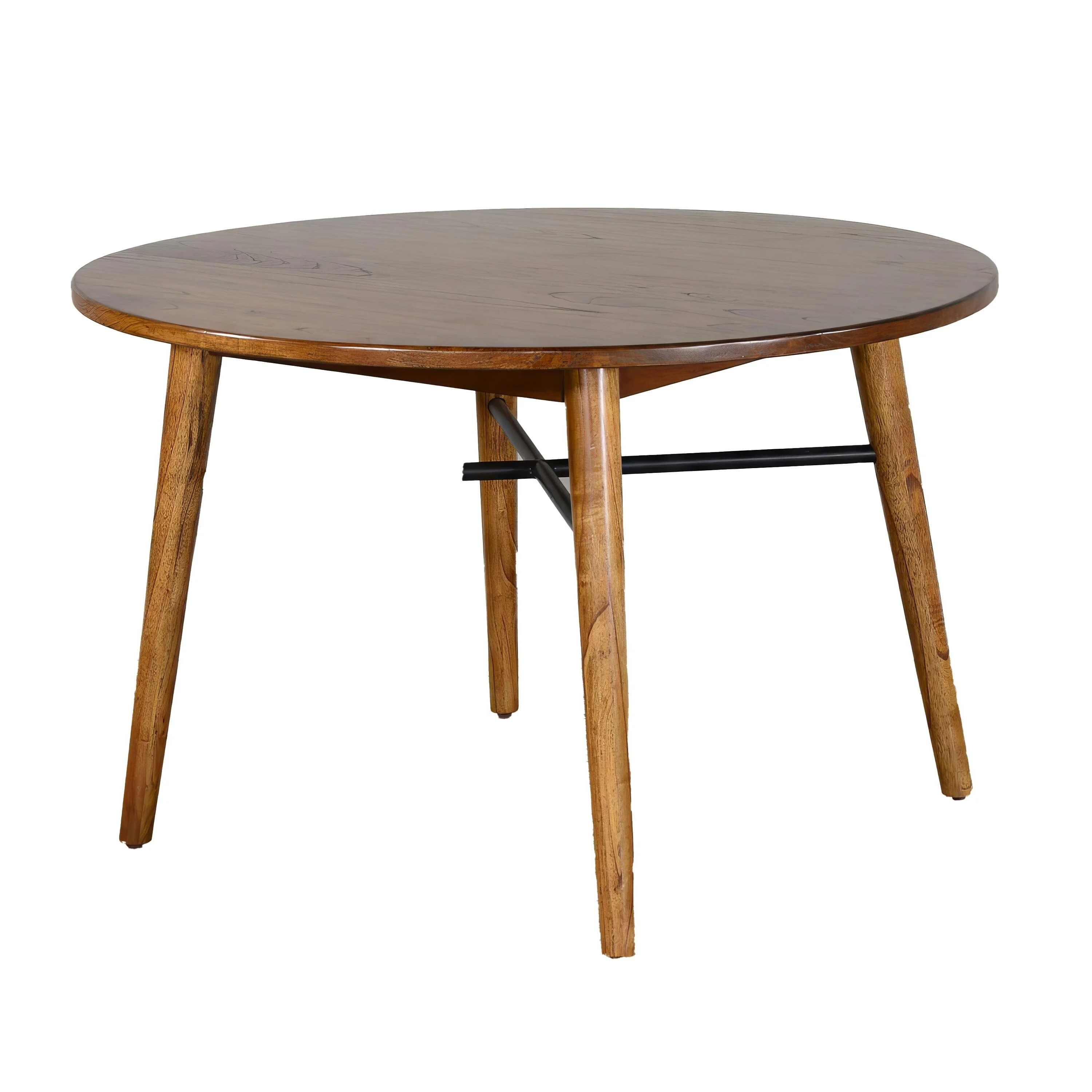 Amy Dining Table, Orange Brown Mindi Wood, Black Metal, Round 48 Inch