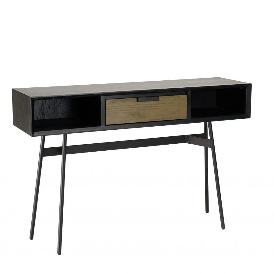 ALMA - Console 2 niches 1 tiroir marron pieds métal noir