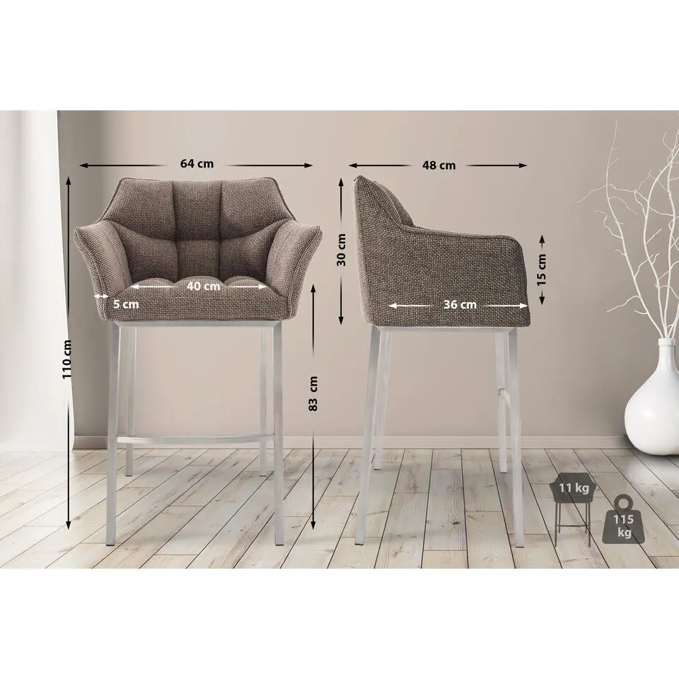 CLP Barkruk Damaso roestvrij staal Frame - Stof - terrabruin