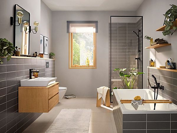 Mitigeur de lavabo avec tirette et vidage noir mat, Hansgrohe Rebris E 110 CoolStart