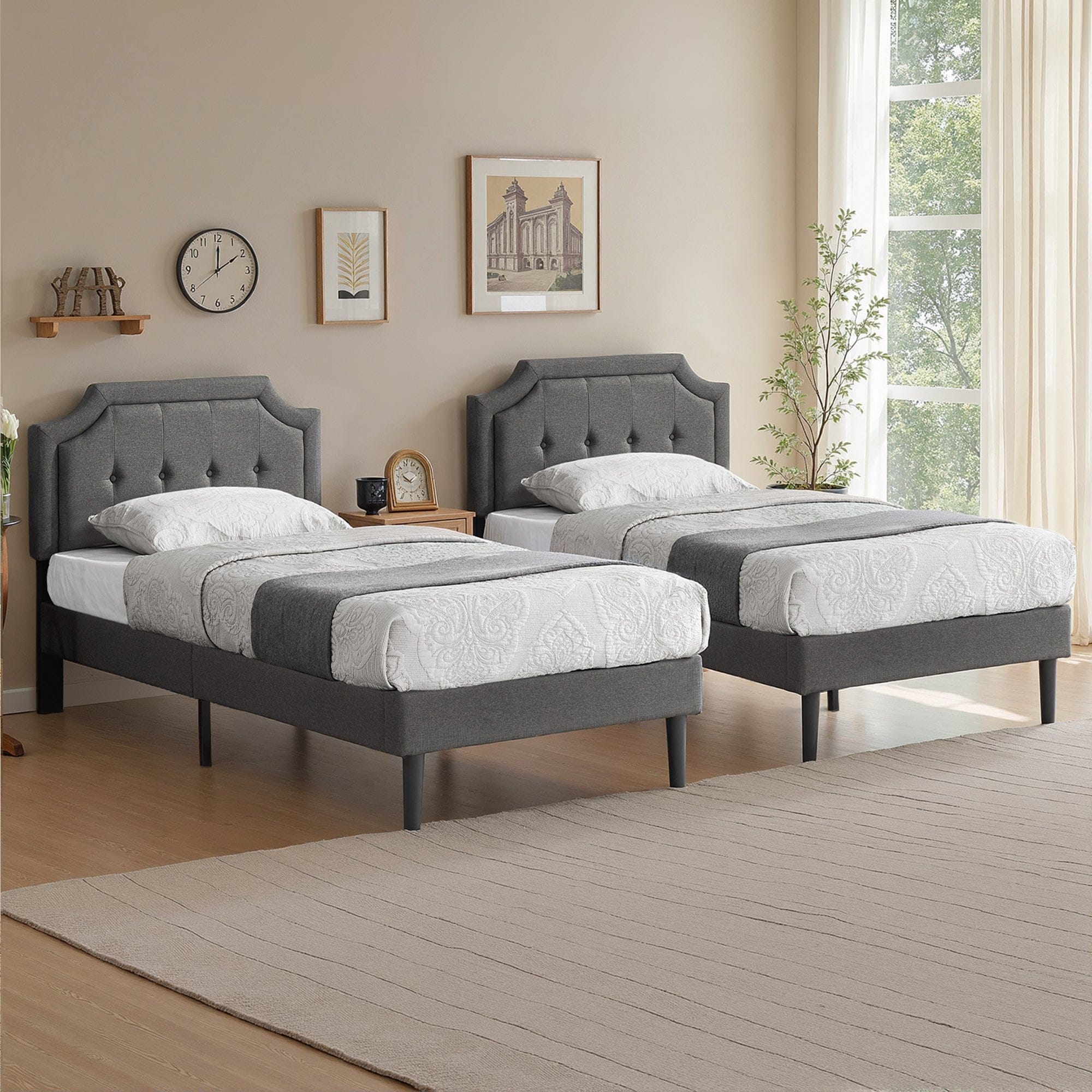 VECELO Upholstered Platform Kids Bed with Adjustable Headboard,Twin Size Bed Set of 2