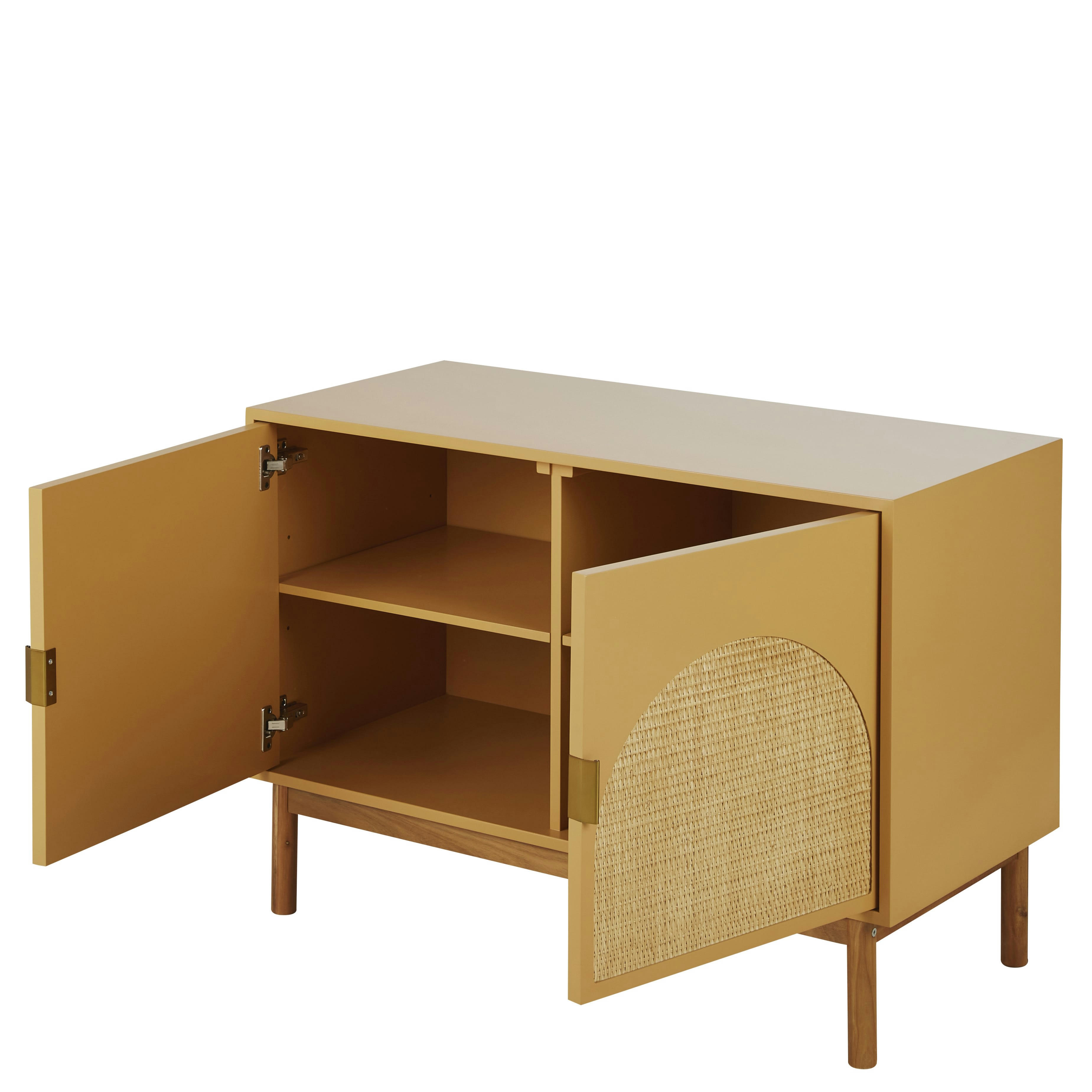 Tarifa - Buffet vintage 2 portes jaune ocre et rotin tressé