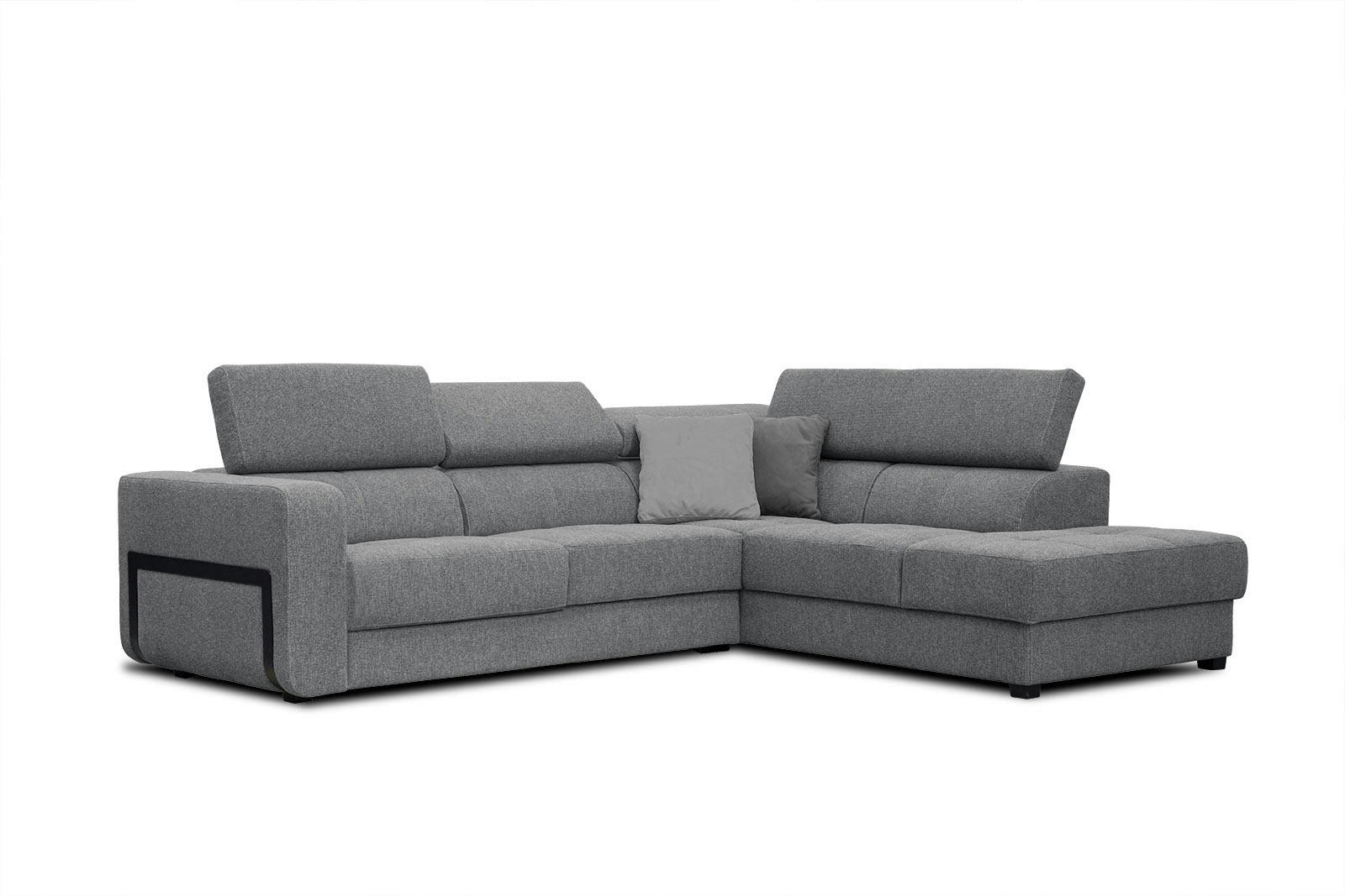 BERGO - Canapé d'angle droit 5 places en tissu gris avec coussins déco