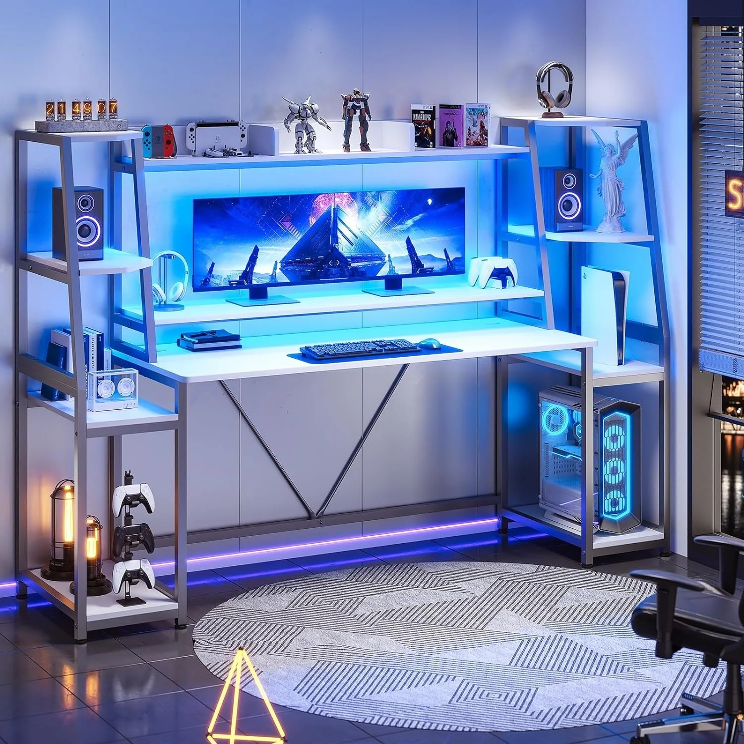 Gaming Desk LED Lights Hutch and Storage Shelves PC Gamer Desk