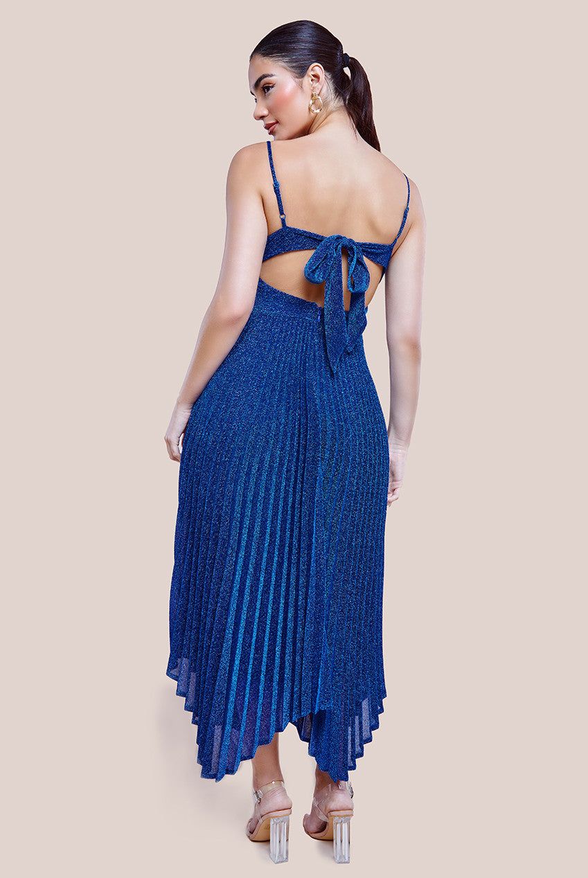 Goddiva Tie Back Pleated Lurex Skater Midi Dress