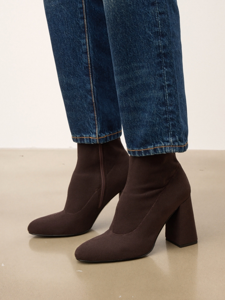 Brown fabric heeled boots