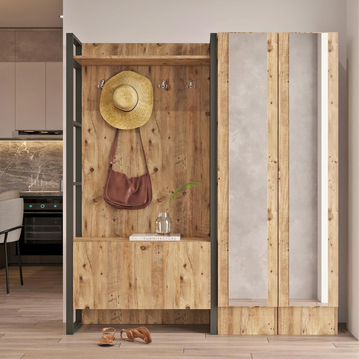 Vestiaire d'entrée rustique chic 2 miroirs 3 portes JENA