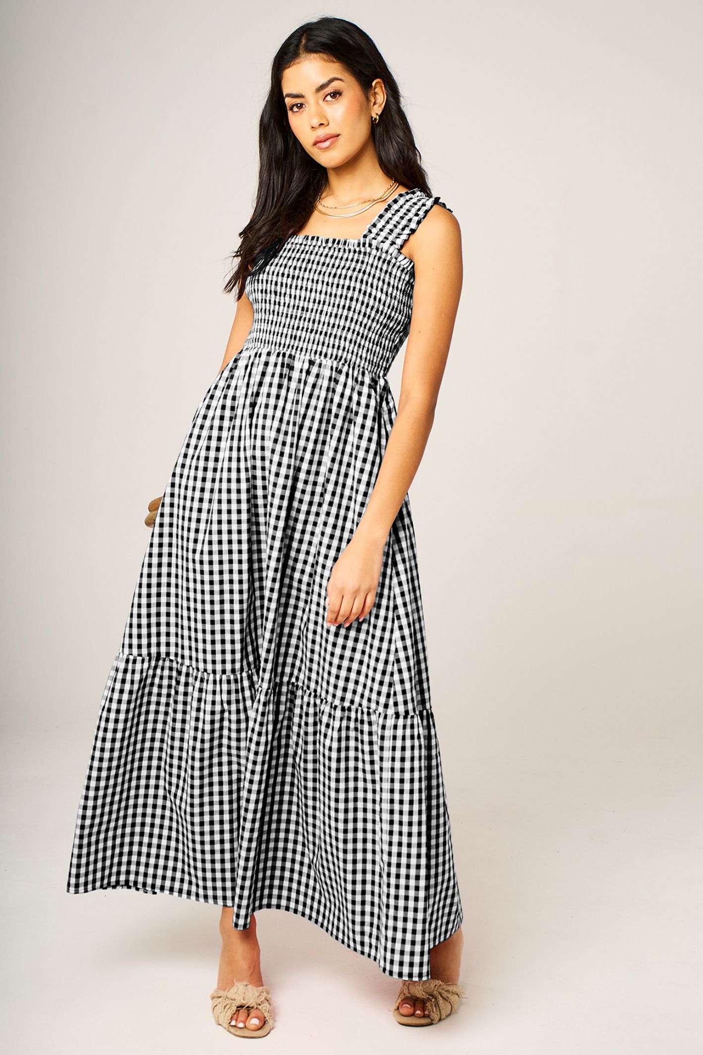 FS Collection Gingham Smocked Bodice Strap Tiered Midi Dress