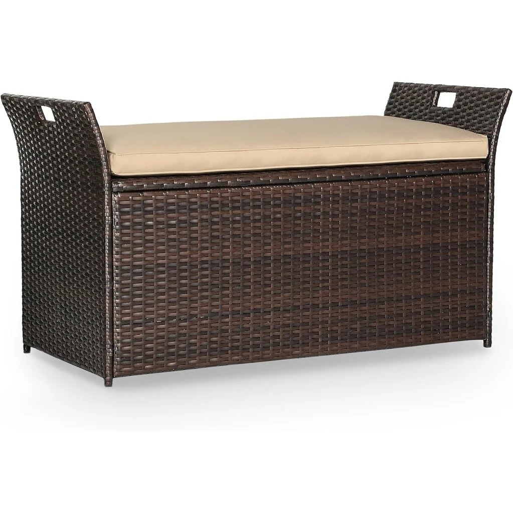 90 Gallon Outdoor Patio PE Rattan Wicker Storage Bench Deck Box with Cushion