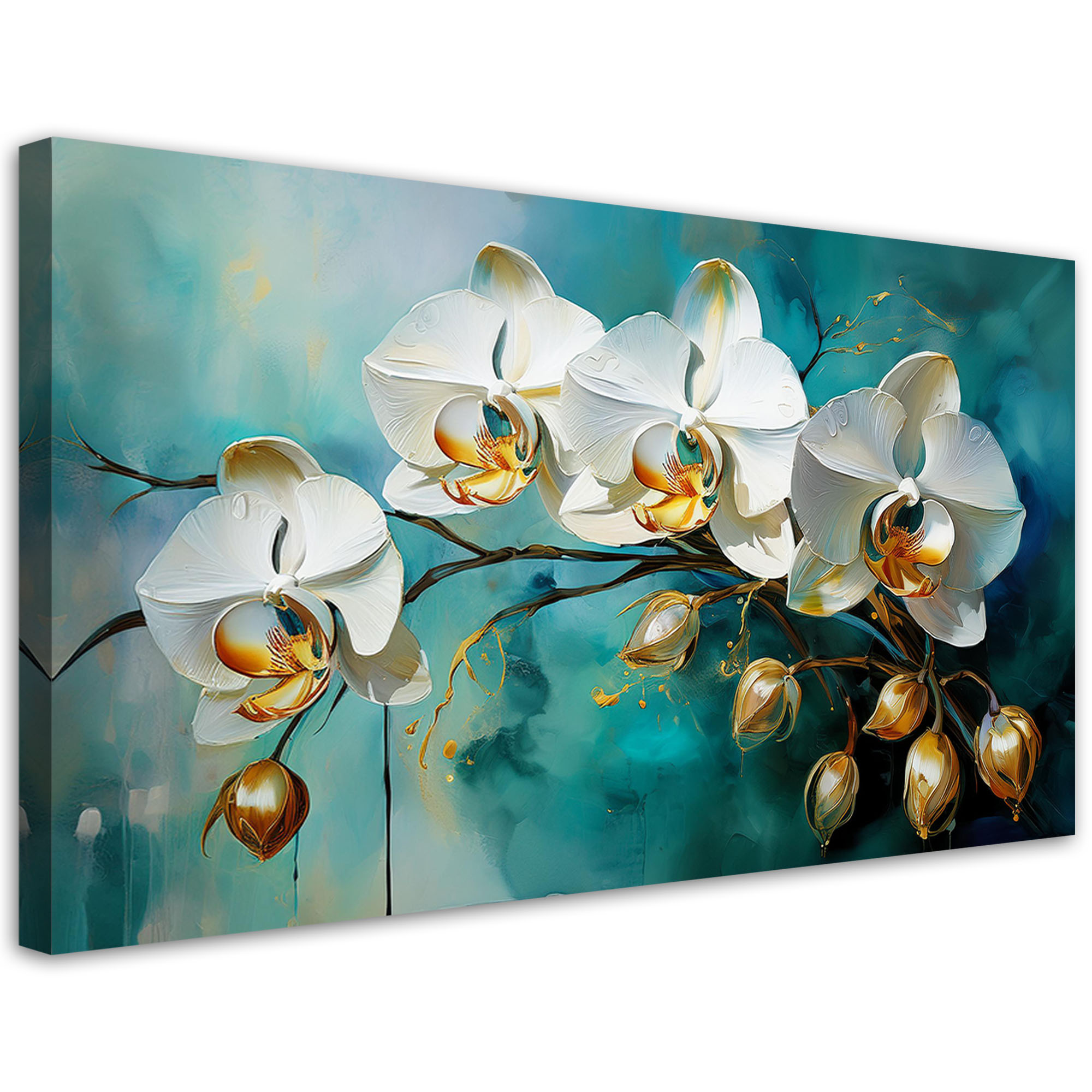 Feeby Obraz na płótnie, Biale Orchidee na turkusowym tle 80x40