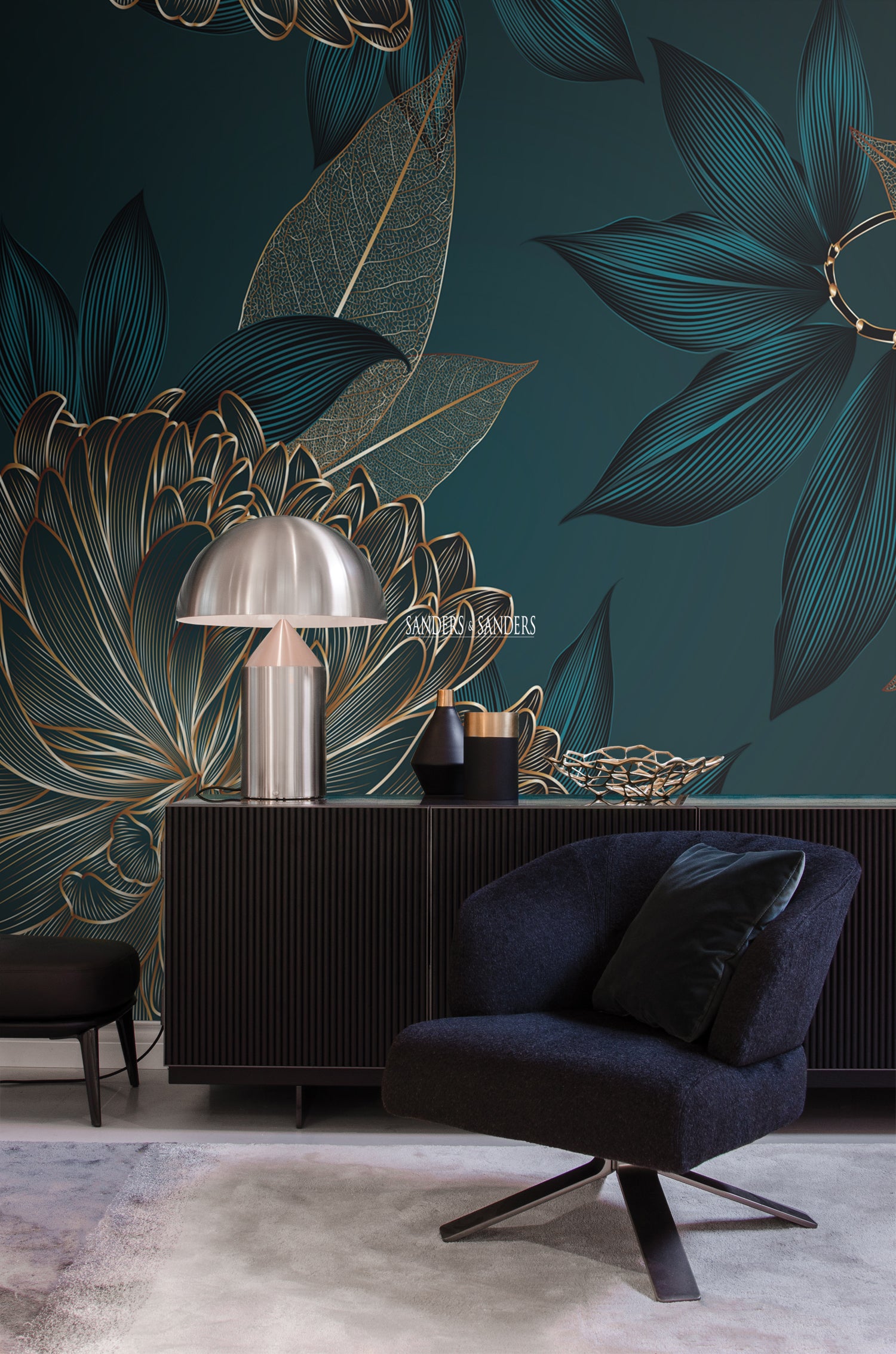 Sanders & Sanders fotobehang bloemen diepblauw - 350 x 279 cm - 600997