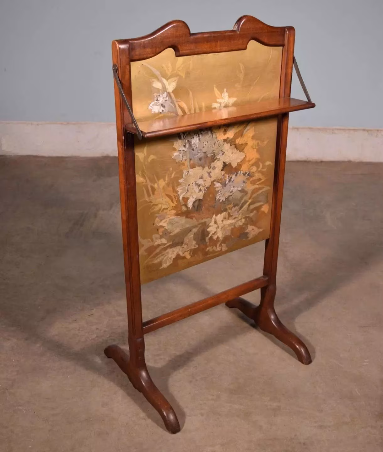 French Antique Walnut Fireplace Screen with Shelf and Painted Scene with Flowers