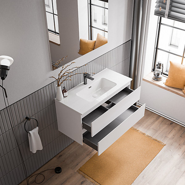 Meuble vasque suspendu MDF Blanc mat, lavabos Blanc brillant   trou robinet trop plein &Bonde - 100x46x50cm - AVA