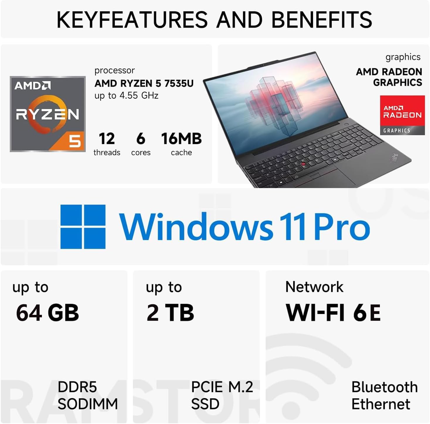 Lenovo ThinkPad E16 Business Laptop  16 FHD+ Anti-Glare Touchscreen  AMD Ryzen 5 7535U  32GB DDR5  1TB SSD  Wi-Fi 6E  Fingerprint  Backlit  Webcam  Windows 11 Pro  Bundle with 7-in-1 USB-C Hub