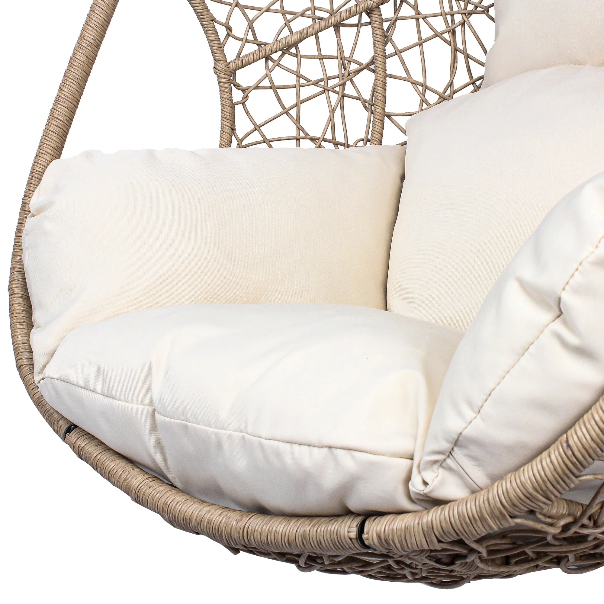 PE Wicker Swing Egg Chair - Indoor/Outdoor Hanging Chair with Puffy Cushion and Stable Base Frame (Handcrafted Weaving Design)