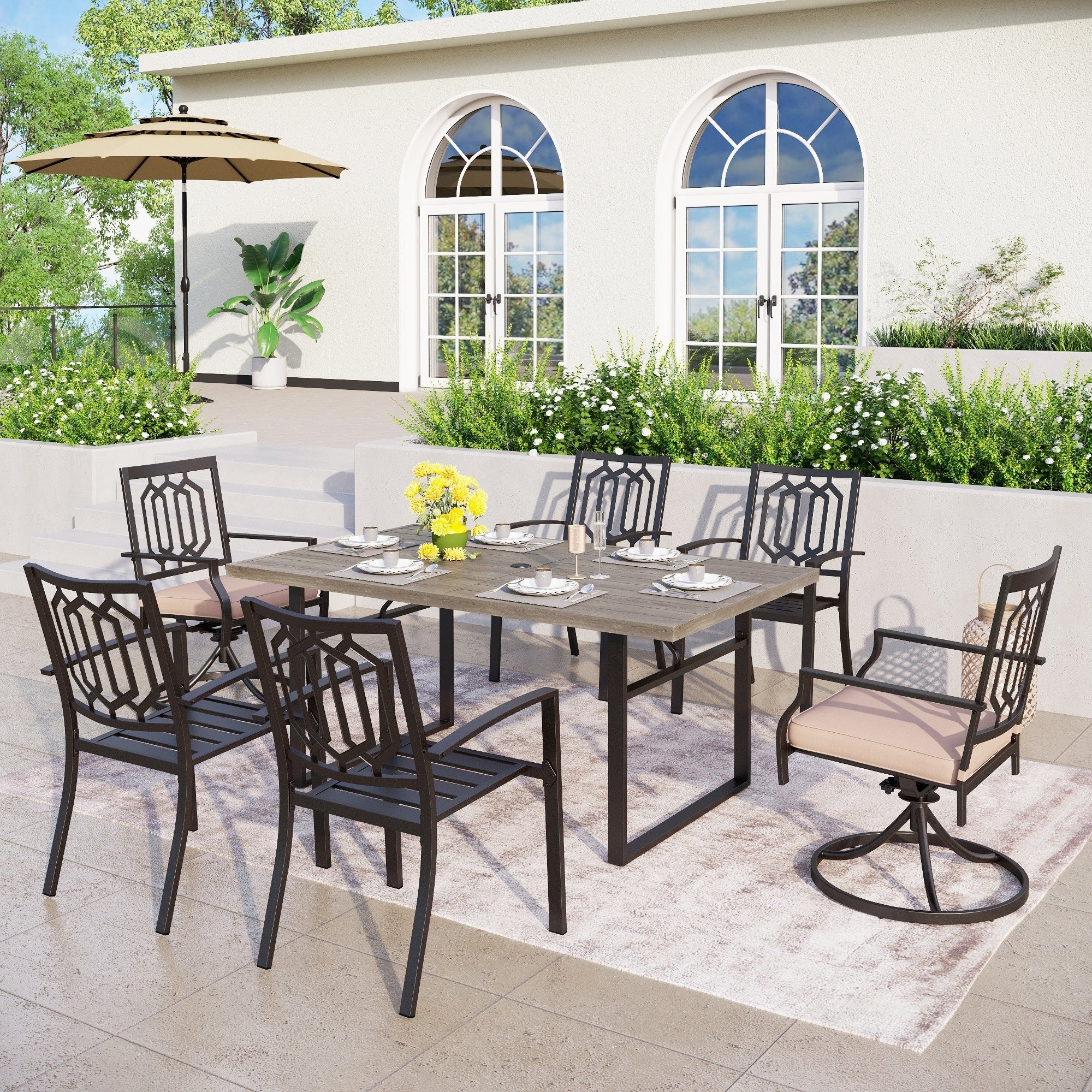 MAISON ARTS 7-Piece Patio Dining Set with Metal U-Shaped Leg Brown Dining Table and Metal Dining Chairs