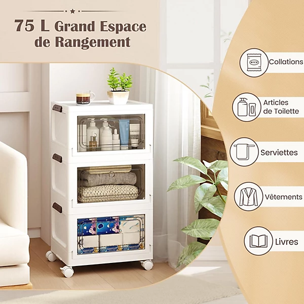 Lot de 3 Boîtes de Rangement Empliable, Portes Transparentes &4 roulettes Universelles 2 Ouvertures (75 L)