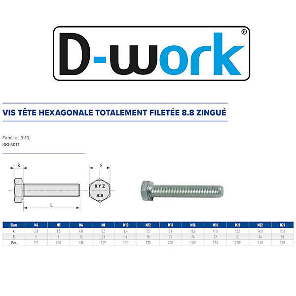25 Vis Métaux Tête Hexagonale F/Total 16 x 40 mm - 4017 - 8.8 - Zingué blanc - D-Work