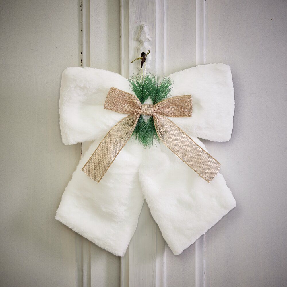 Noeud décoratif No&euml;l XL toucher peluche blanc avec décor vert et marron 40x40cm