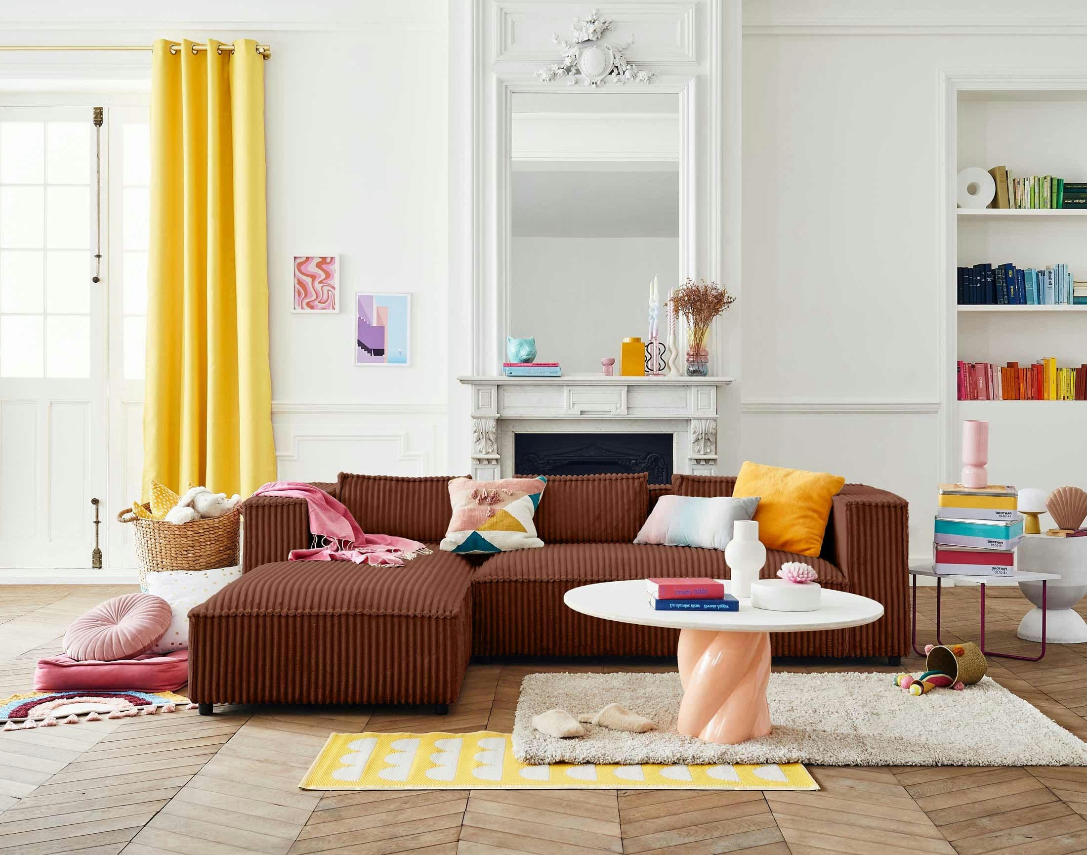 STELLA - Canapé d'angle gauche 4 places en velours grosses côtes terracotta