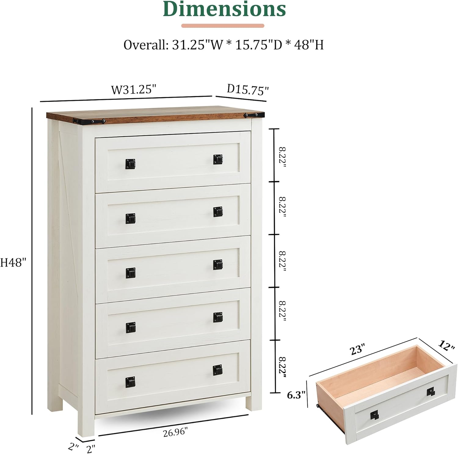RedLemon Farmhouse 5 Drawer Dresser, 48 Tall Rustic Chest of Drawers, Wood Dresser for Bedroom, Living Room, Hallway, Antique White