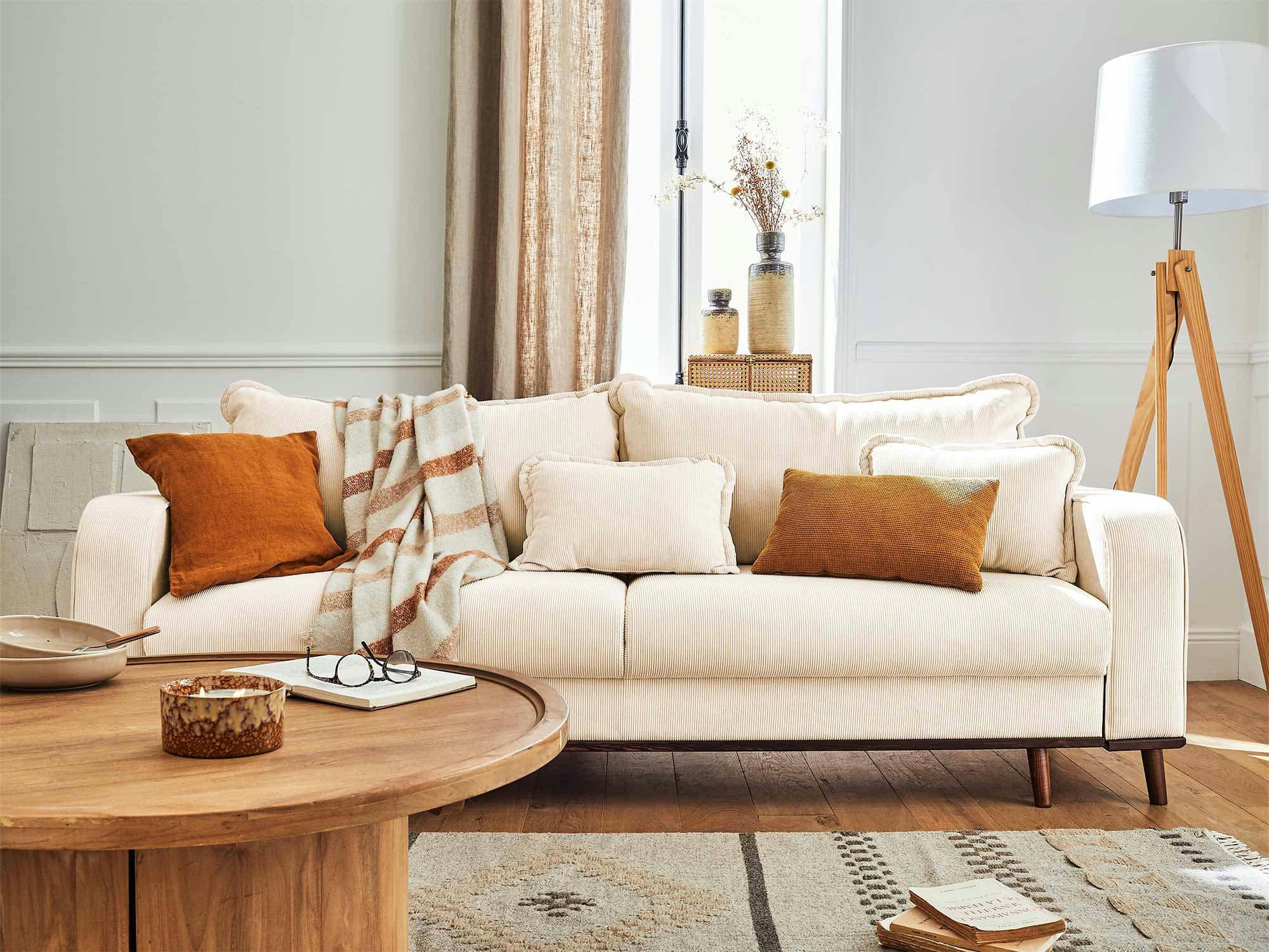 BILLIE - Canapé droit convertible 3 places en velours côtelé beige