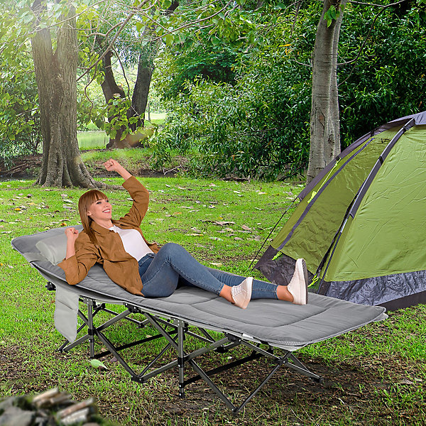 Lit de camp lit d'appoint pliable - pochette rangement, tétière, sac de transport, matelas inclus métal Oxford gris