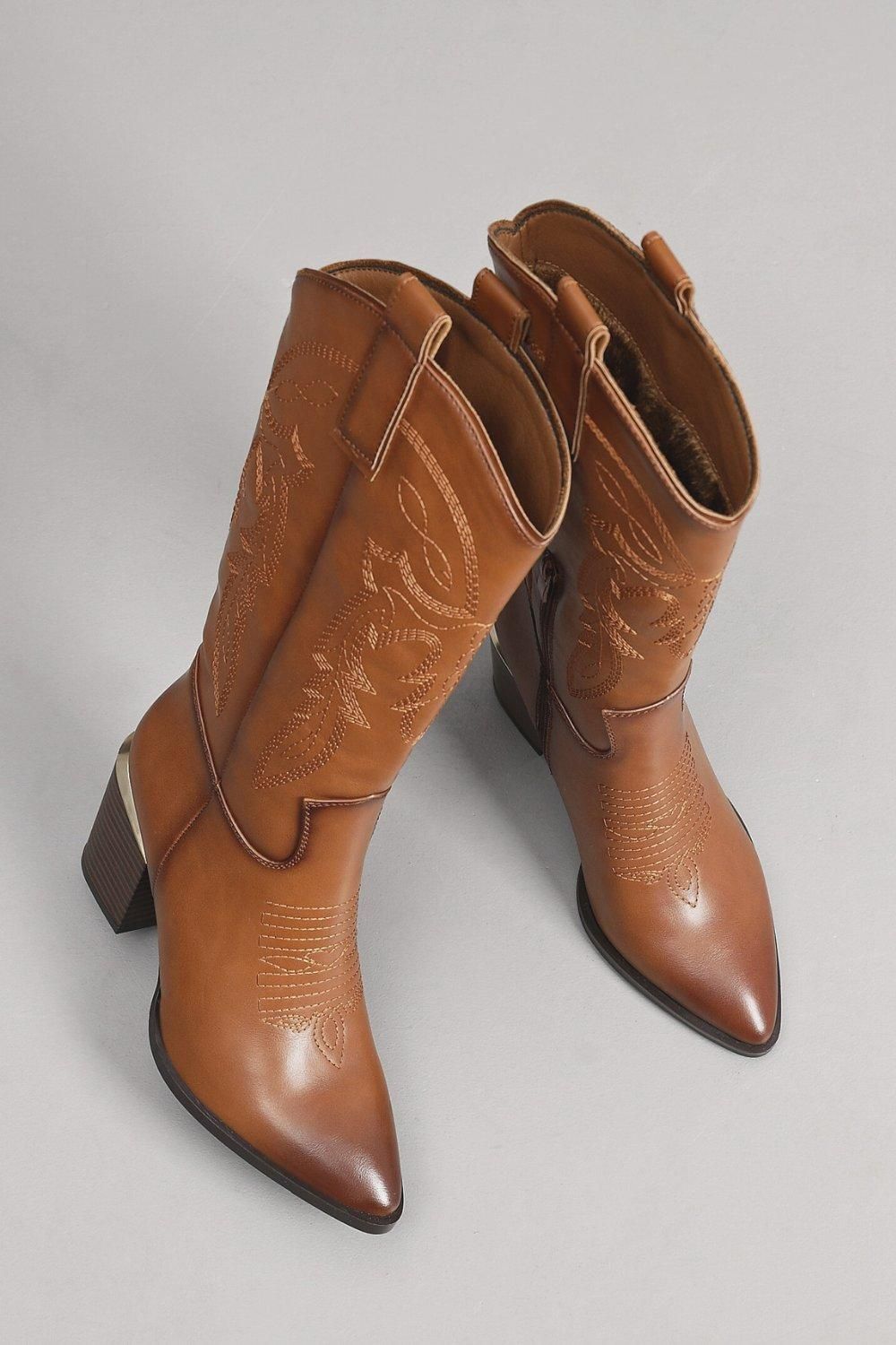 IVACHY Western Style Cowboy Pointed Toe Block Heel Under Knee High Boots with Zippers