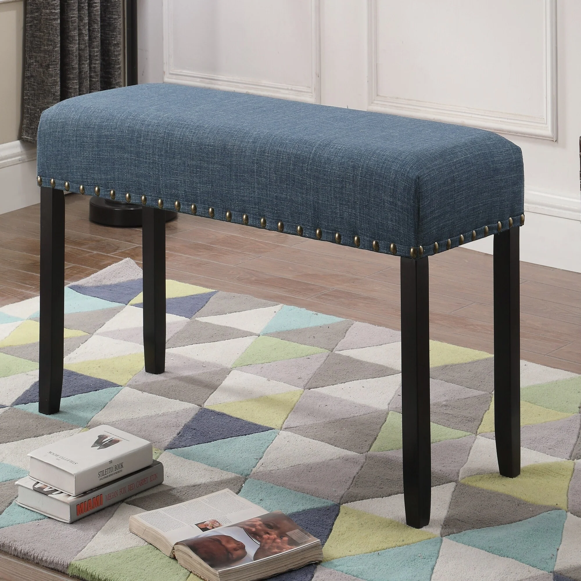 Fabric Dining Bench with Nailhead Trim, Blue