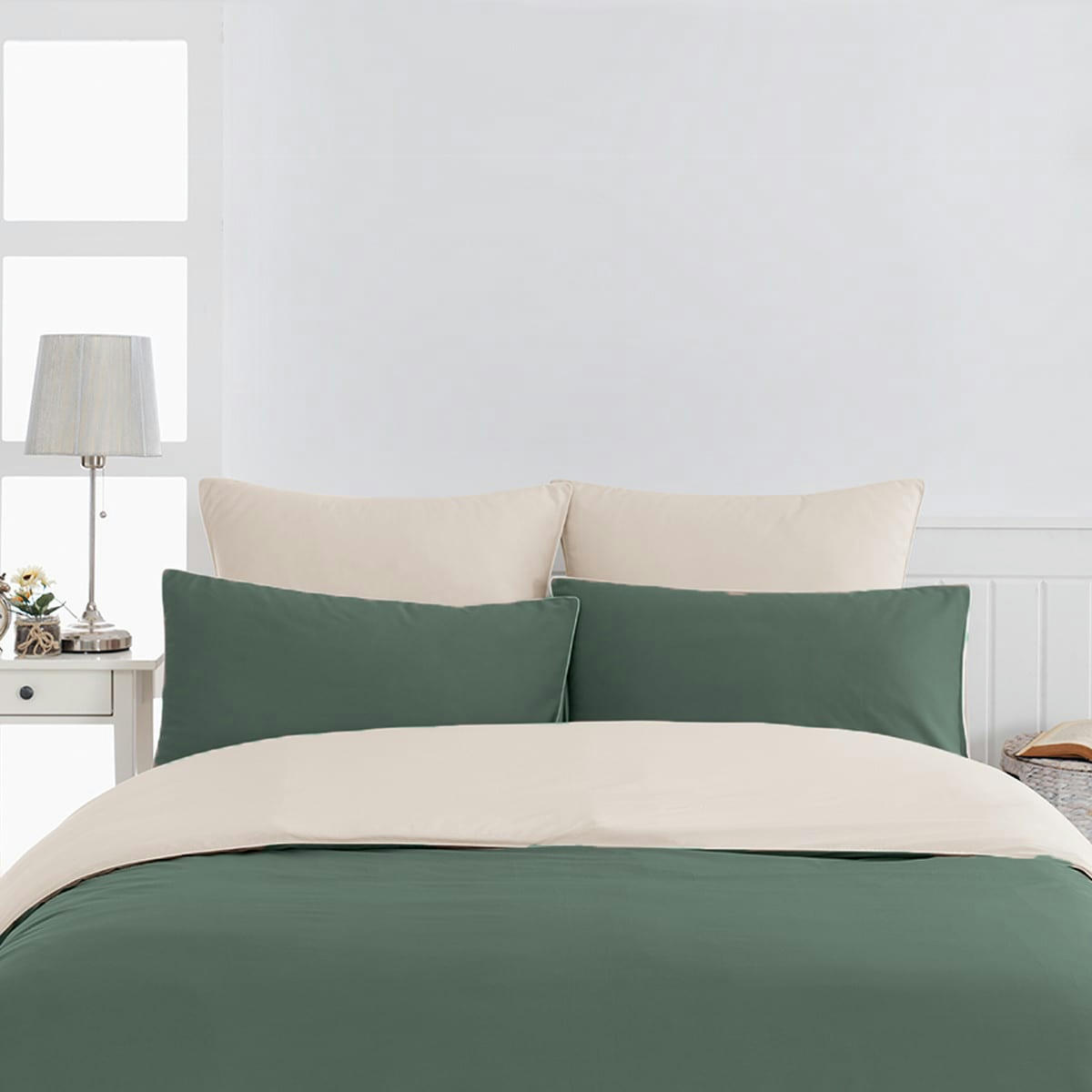 DOZMARY - Housse de couette bicolore percale coton Eucalyptus/Ficelle 140x200 cm