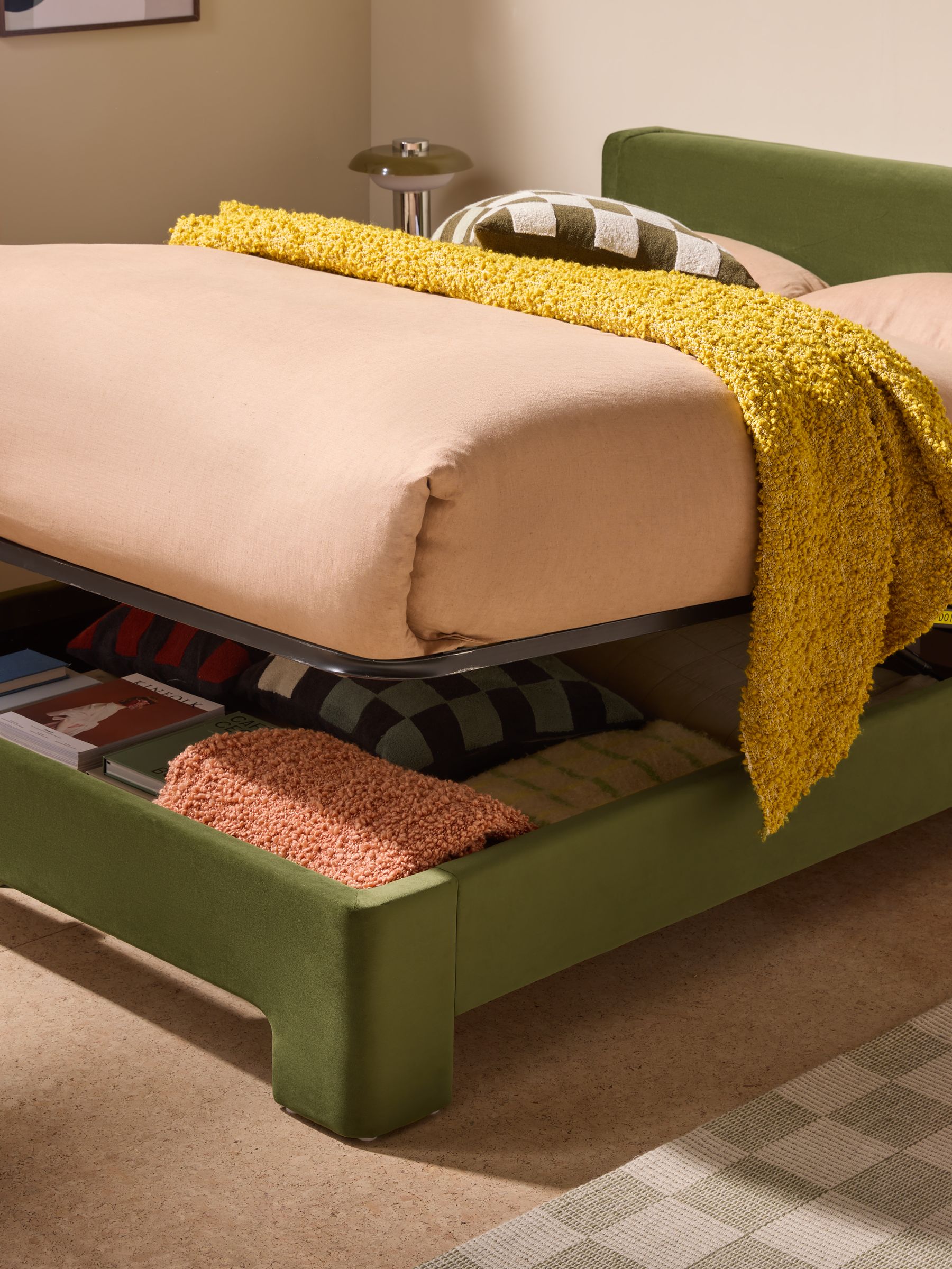 Leonora Ottoman Storage Bed in Velvet Pistachio Green