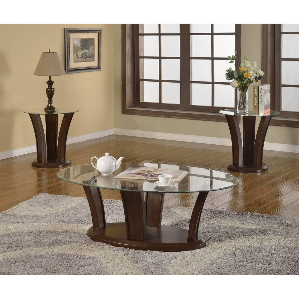 Brassex Ambrose Tempered Glass Coffee Table Set, Dark Walnut, 3-pc